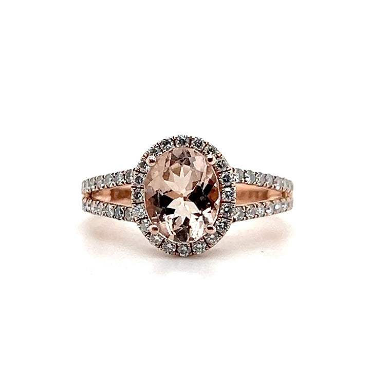 14K Rose Gold 2.08CTW Oval Morganite and Diamond Halo Ring