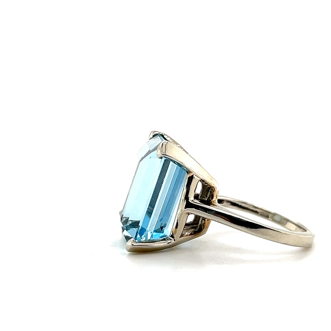 Mid-Century 14K White Gold 18.59 TCW Emerald Cut Aquamarine Cocktail Ring