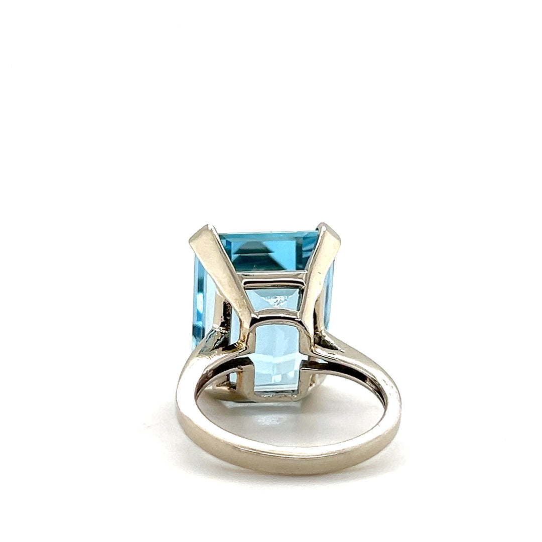 Mid-Century 14K White Gold 18.59 TCW Emerald Cut Aquamarine Cocktail Ring
