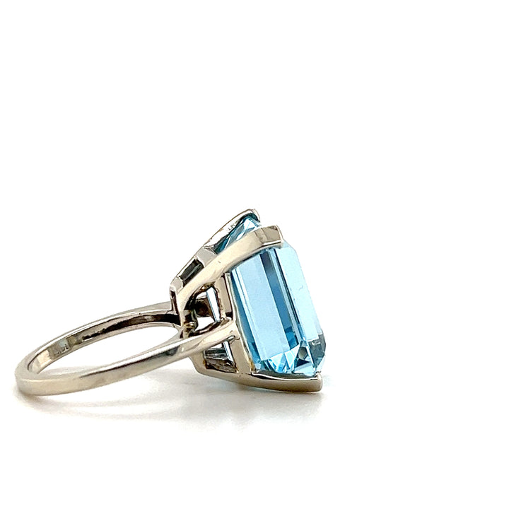 Mid-Century 14K White Gold 18.59 TCW Emerald Cut Aquamarine Cocktail Ring