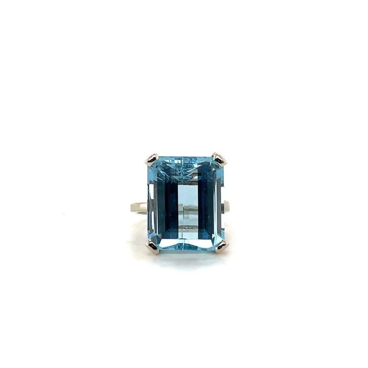 Mid-Century 14K White Gold 18.59 TCW Emerald Cut Aquamarine Cocktail Ring