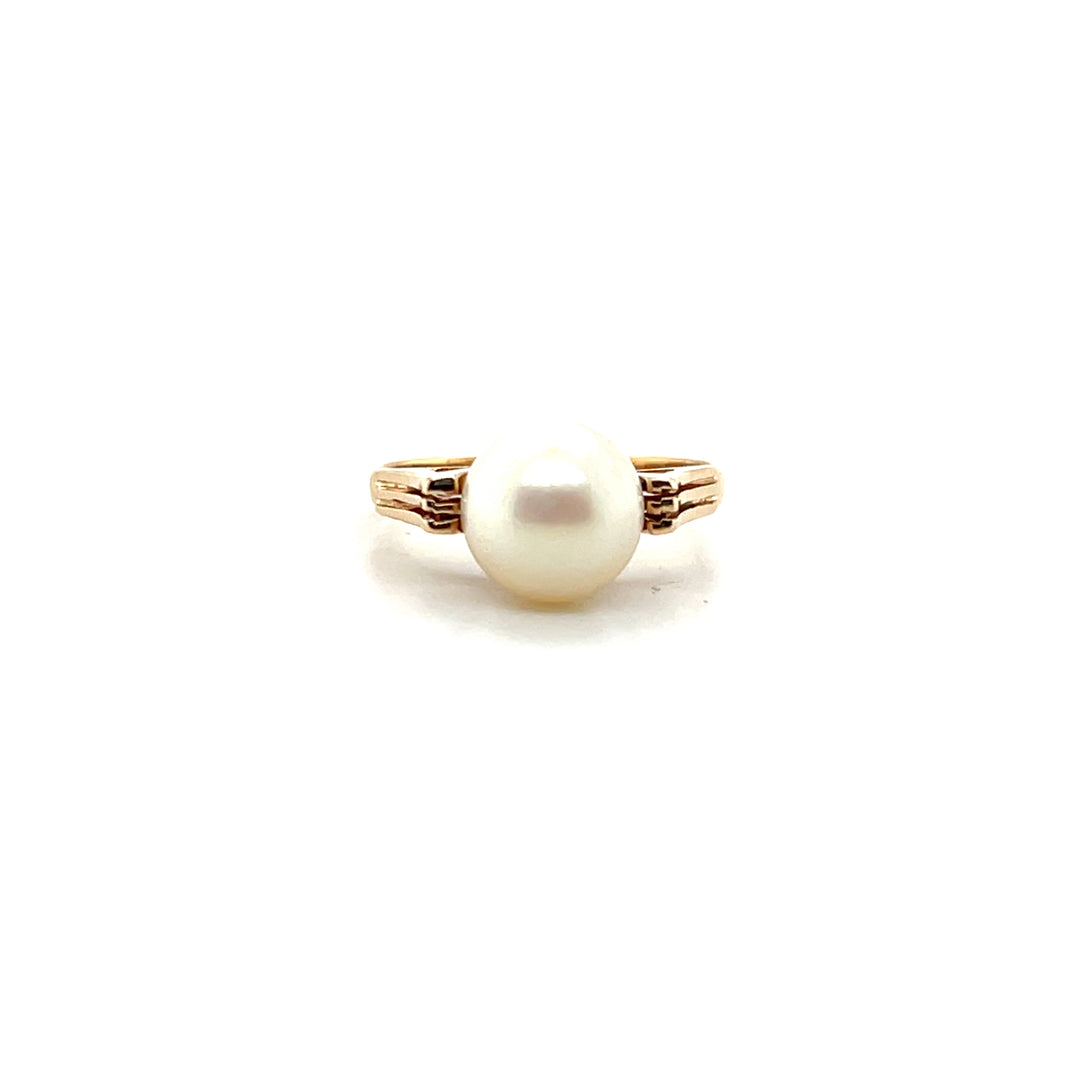 Estate 18KT Yellow Gold Pearl Solitaire Ring, Retro