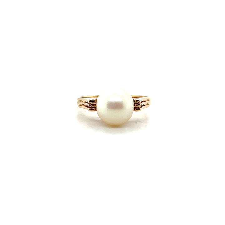 Estate 18KT Yellow Gold Pearl Solitaire Ring, Retro