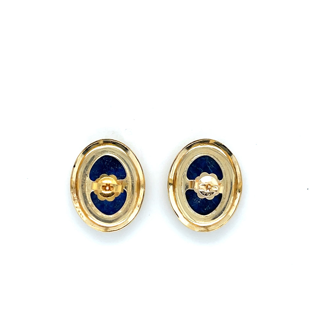 Estate 14K Yellow Gold 9x13MM Oval Lapis Lazuli Vintage Stud Earrings