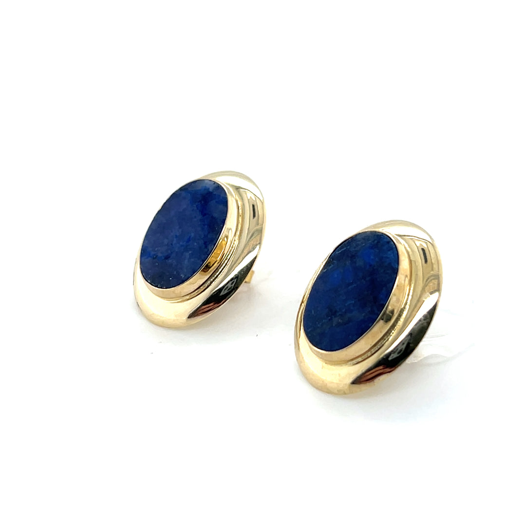 Estate 14K Yellow Gold 9x13MM Oval Lapis Lazuli Vintage Stud Earrings