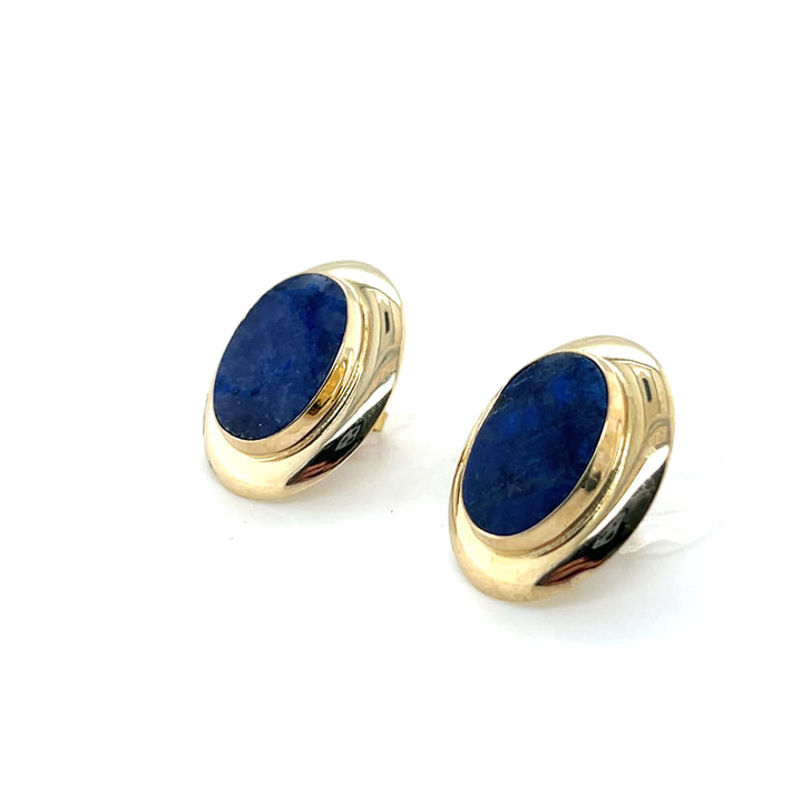 Estate 14K Yellow Gold 9x13MM Oval Lapis Lazuli Vintage Stud Earrings