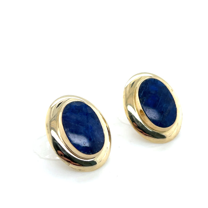 Estate 14K Yellow Gold 9x13MM Oval Lapis Lazuli Vintage Stud Earrings