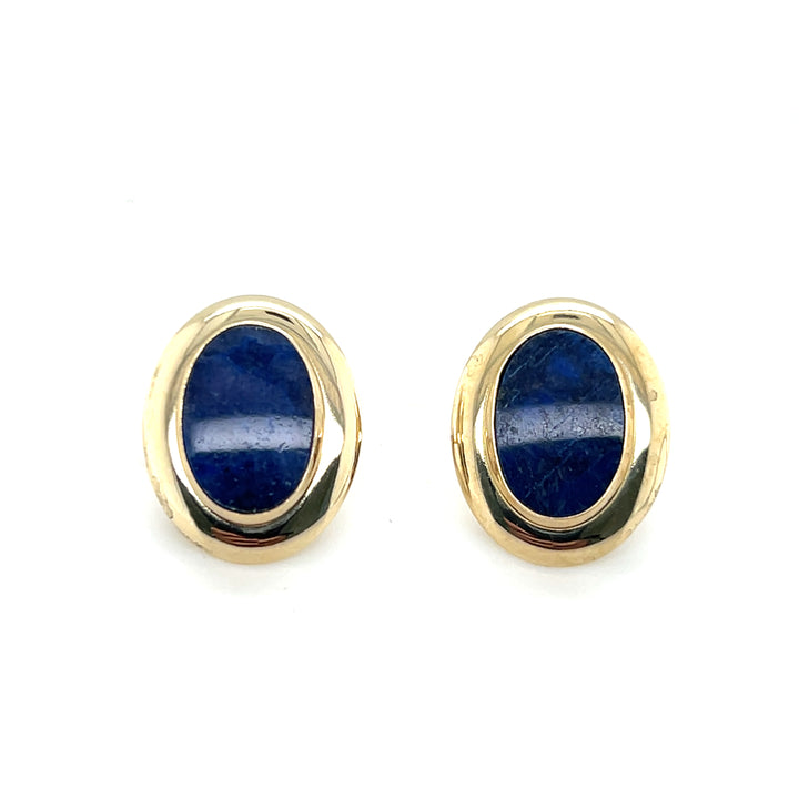 Estate 14K Yellow Gold 9x13MM Oval Lapis Lazuli Vintage Stud Earrings