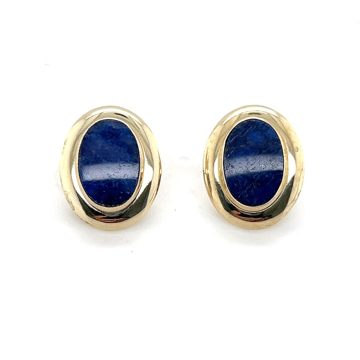 Estate 14K Yellow Gold 9x13MM Oval Lapis Lazuli Vintage Stud Earrings