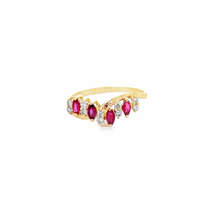 Estate 14K Yellow Gold Marquise Ruby & Diamond Cluster Band