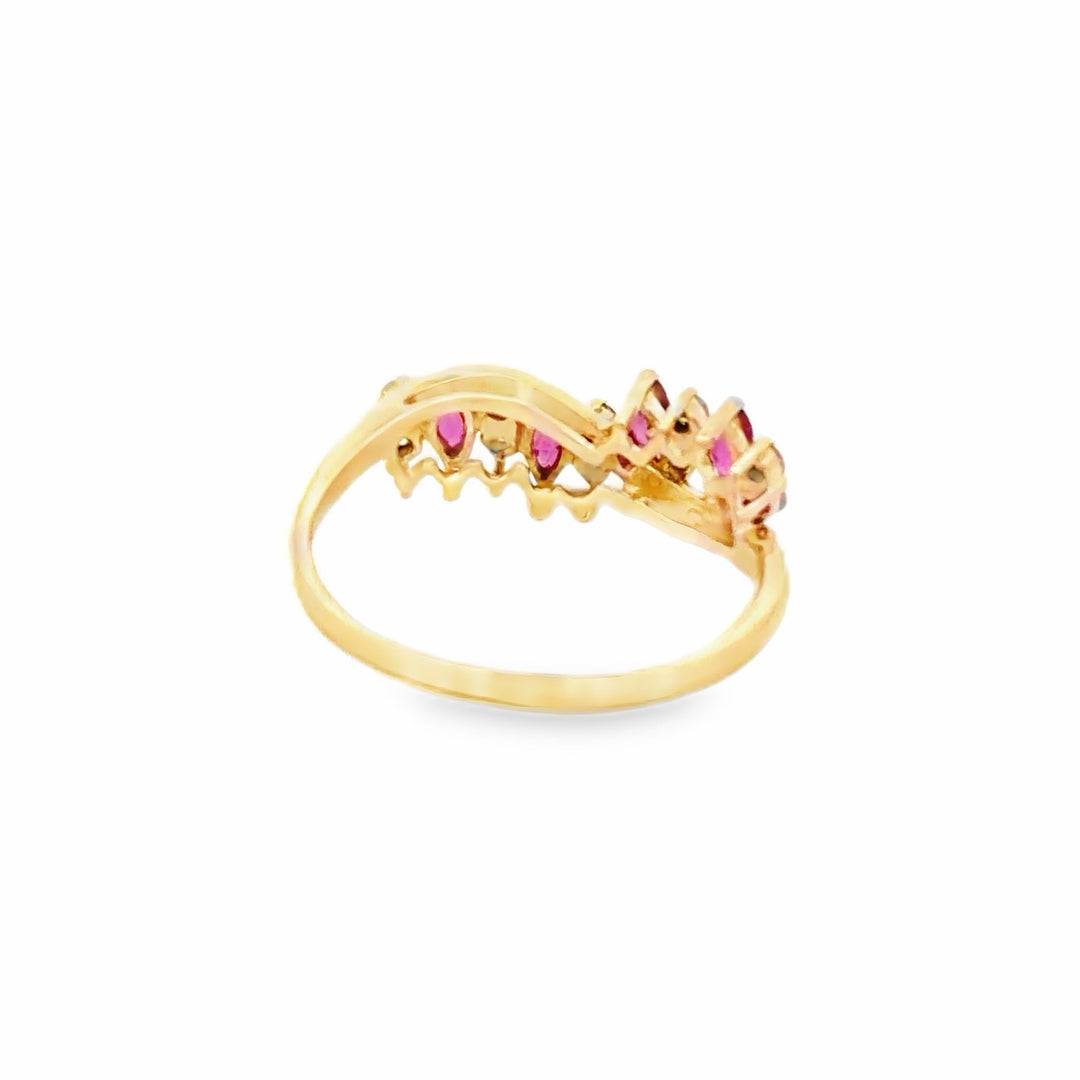 Estate 14K Yellow Gold Marquise Ruby & Diamond Cluster Band