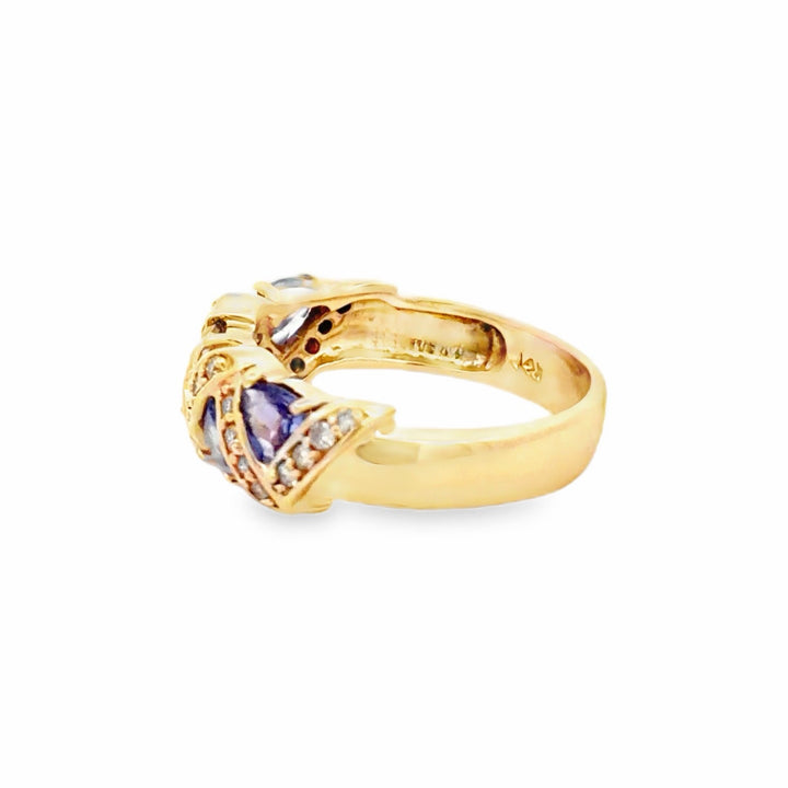 Estate 14K Yellow Gold Trillion Tanzanite & Diamond Vintage Chevron Ring