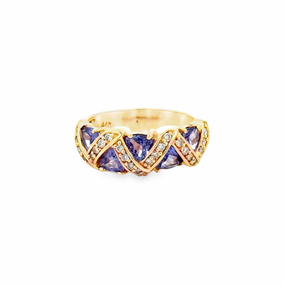 Estate 14K Yellow Gold Trillion Tanzanite & Diamond Vintage Chevron Ring