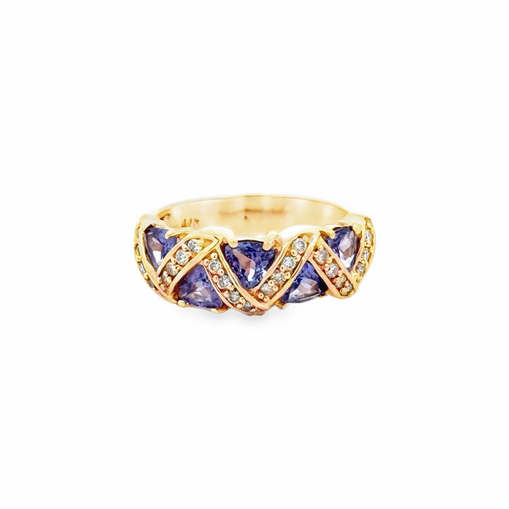 Estate 14K Yellow Gold Trillion Tanzanite & Diamond Vintage Chevron Ring