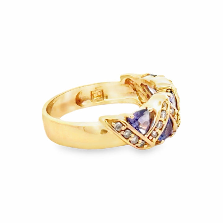 Estate 14K Yellow Gold Trillion Tanzanite & Diamond Vintage Chevron Ring