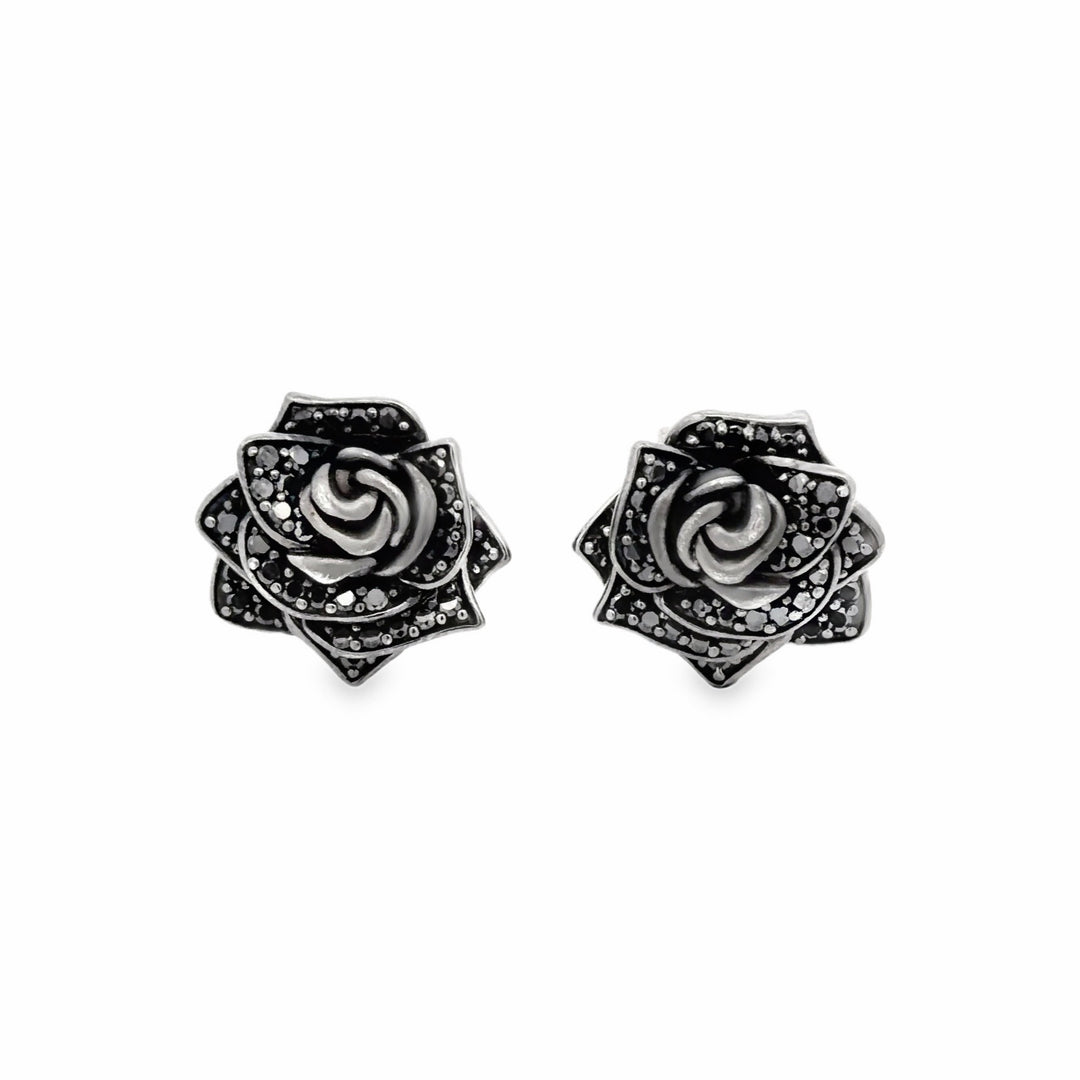 Estate Sterling Silver Oxidized 0.50CTW Black Diamond Rose Stud Earrings