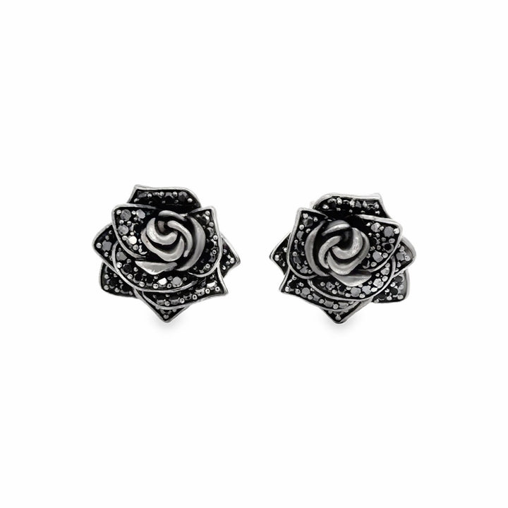Estate Sterling Silver Oxidized 0.50CTW Black Diamond Rose Stud Earrings