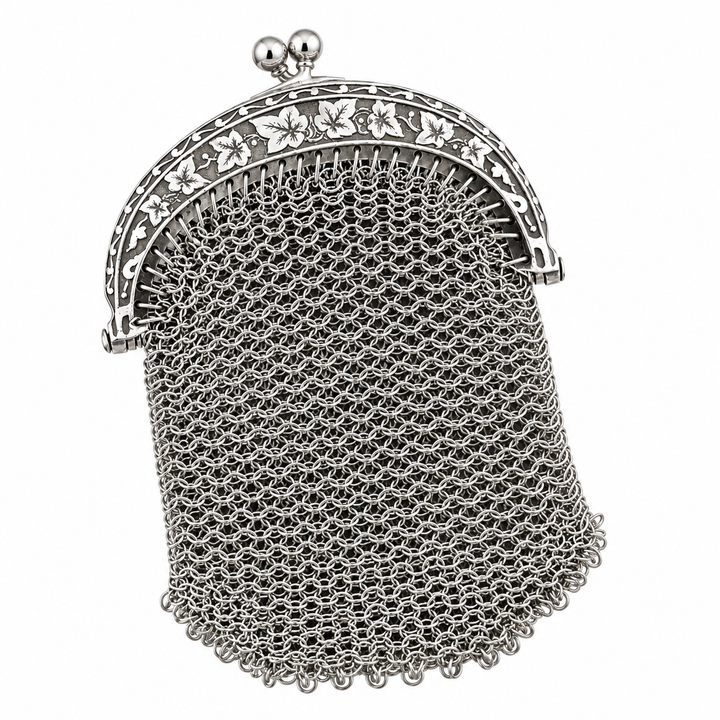 Estate 1890s French Silver Ivy Chainmail Chatelaine Coin Purse