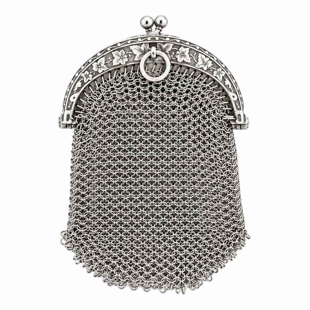 Estate 1890s French Silver Ivy Chainmail Chatelaine Coin Purse