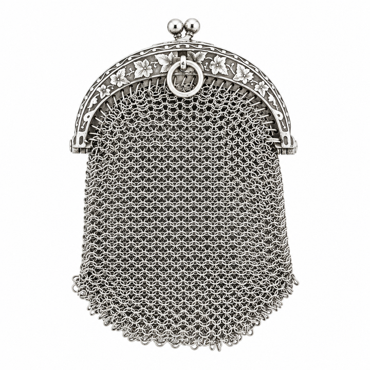 Estate 1890s French Silver Ivy Chainmail Chatelaine Coin Purse