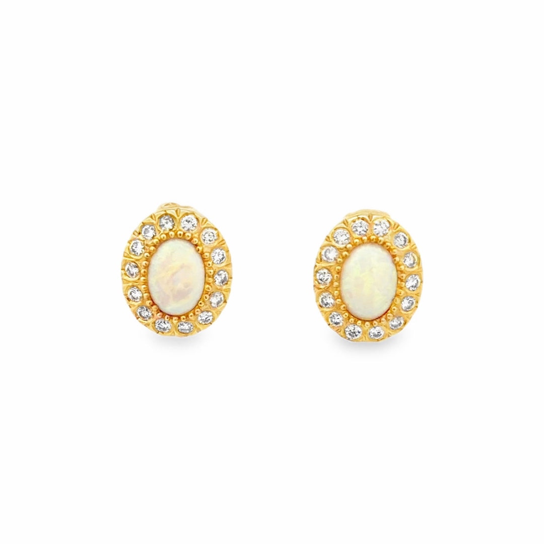 Estate 18K Yellow Gold Oval Opal & Diamond Halo Stud Earrings