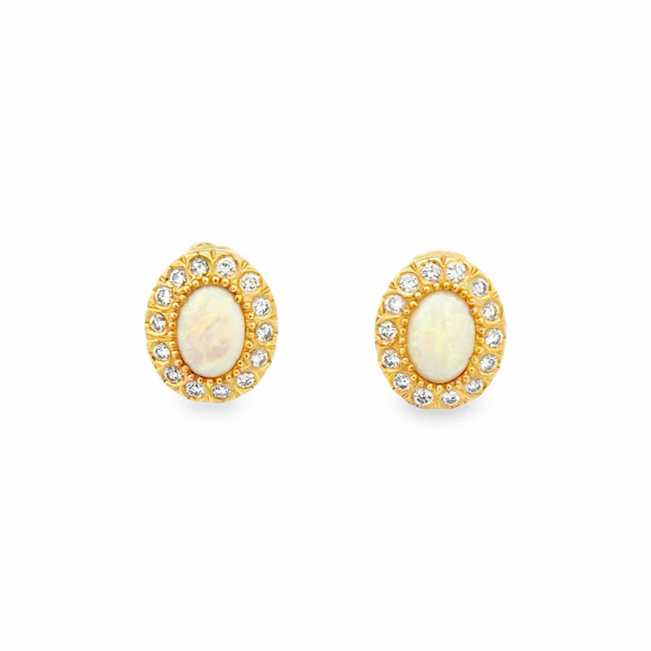 Estate 18K Yellow Gold Oval Opal & Diamond Halo Stud Earrings
