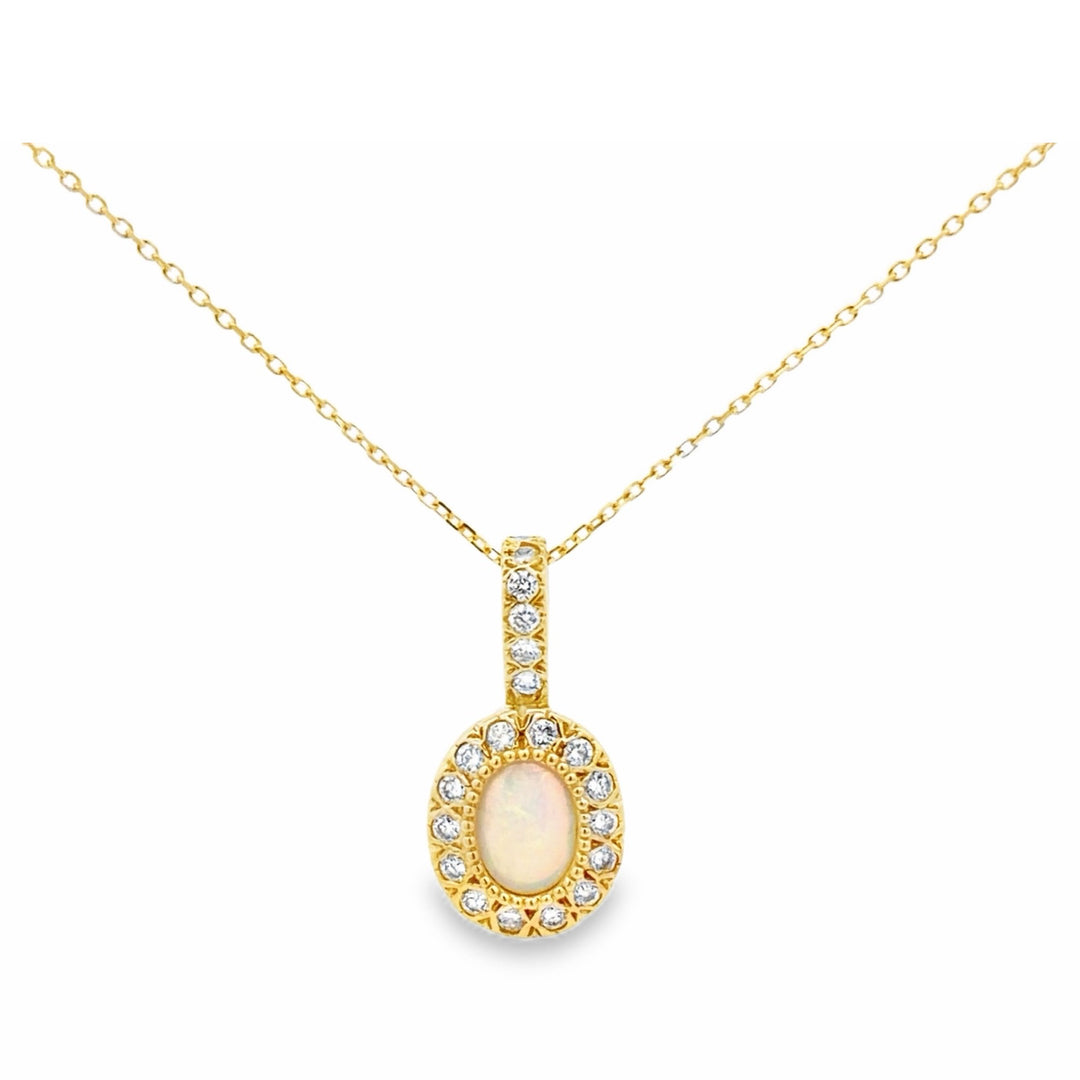 Estate 18K Yellow Gold Oval Opal & Diamond Halo Pendant