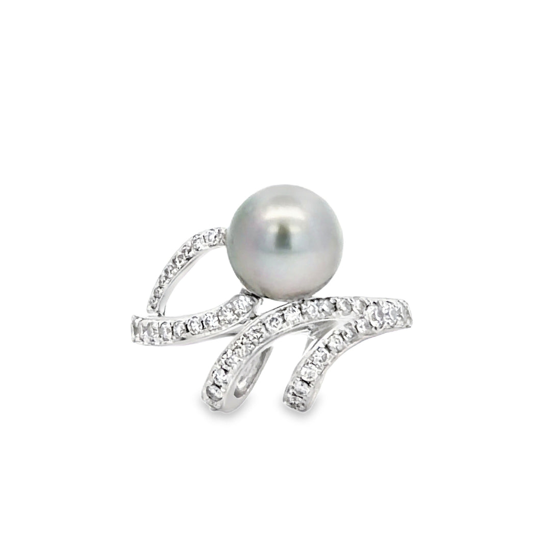 Estate 18K White Gold 8.5MM Tahitian Pearl & Diamond Freeform Ring