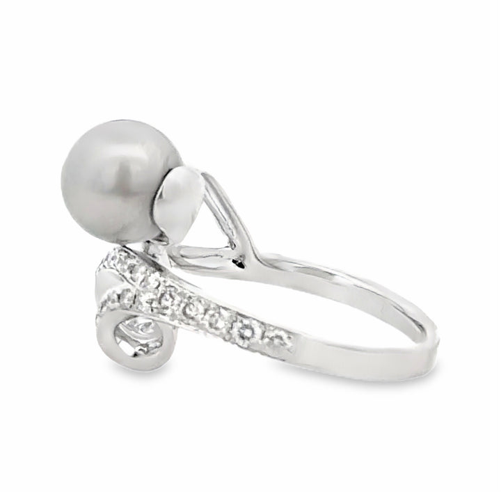 Estate 18K White Gold 8.5MM Tahitian Pearl & Diamond Freeform Ring
