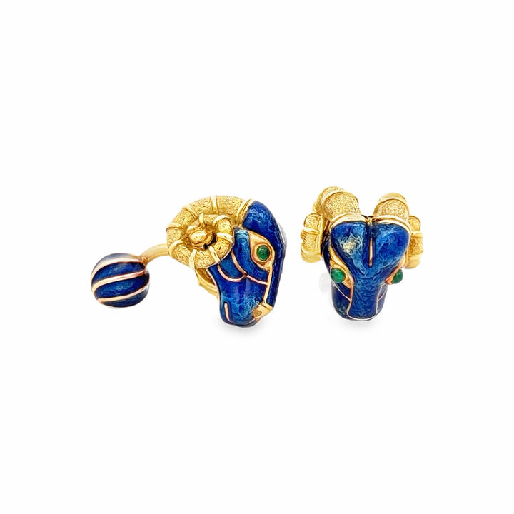 Estate 18K Gold 0.30CTW Emerald & Enamel Ram's Head Cufflinks