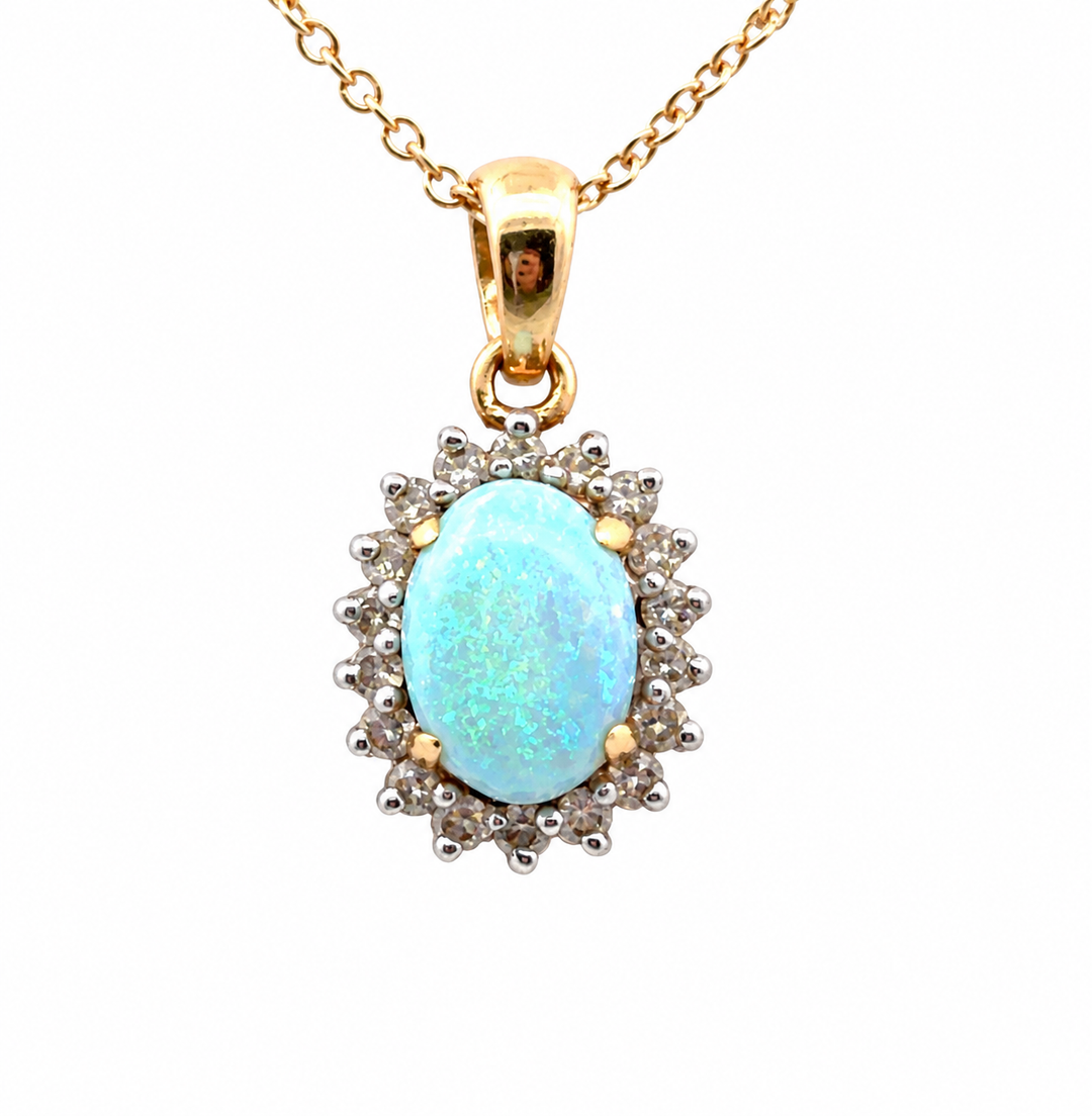 Estate 14K Yellow Gold 0.93CTW Oval Opal & Diamond Halo Pendant
