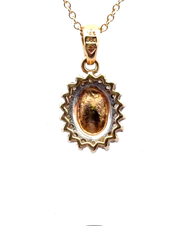Estate 14K Yellow Gold 0.93CTW Oval Opal & Diamond Halo Pendant