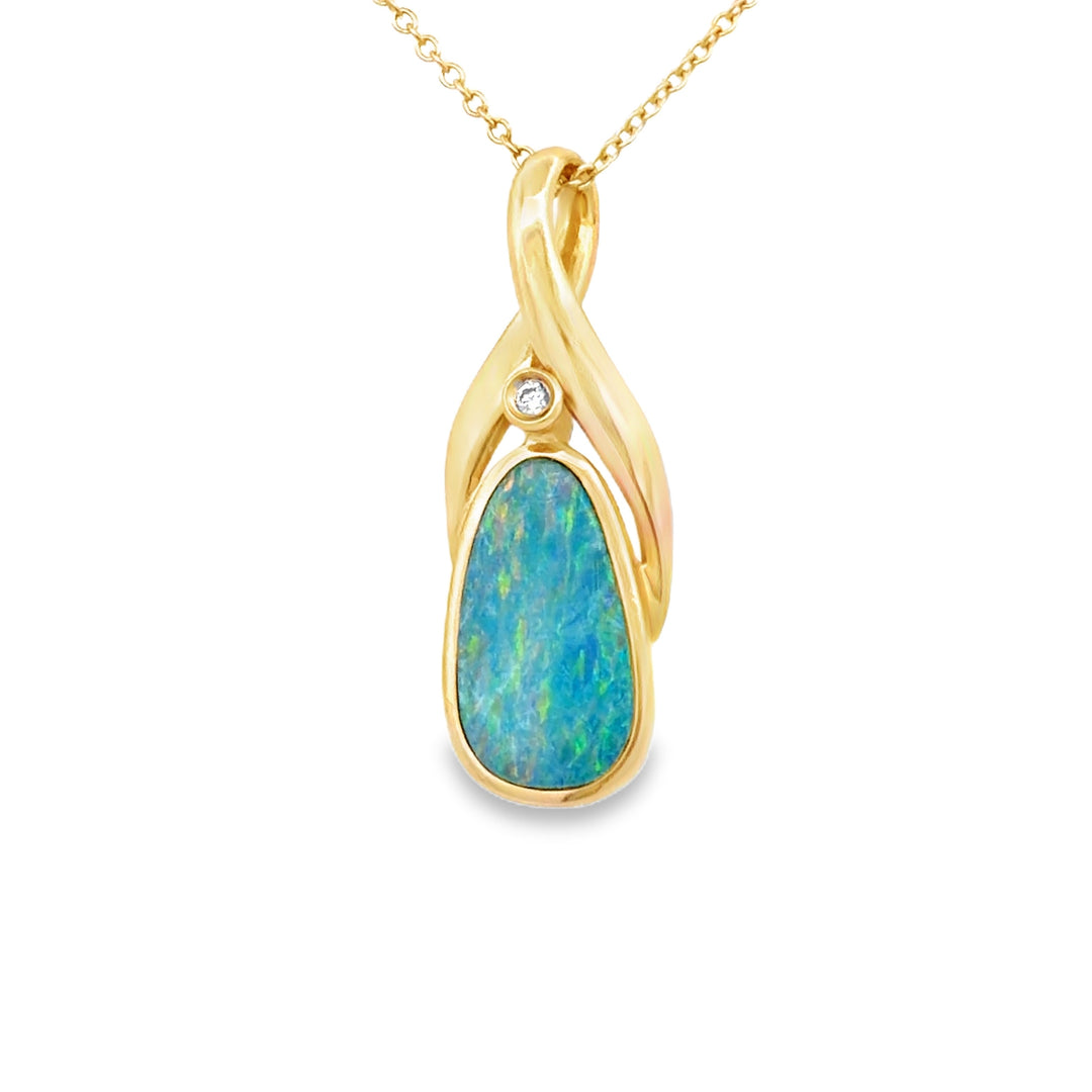 Estate 14K Yellow Gold Freeform Opal Doublet & Diamond Pendant
