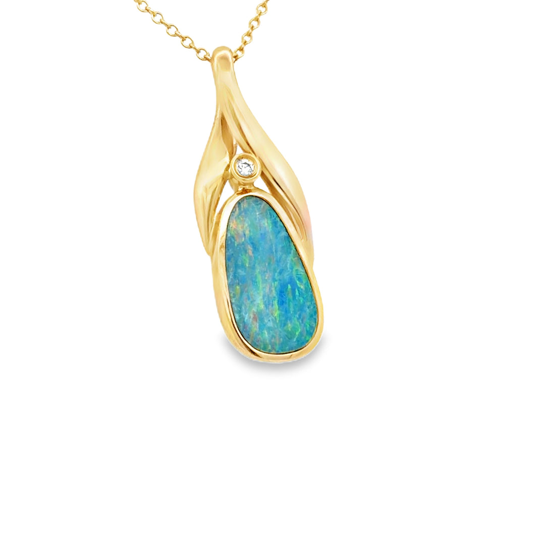 Estate 14K Yellow Gold Freeform Opal Doublet & Diamond Pendant
