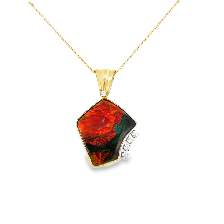 Estate 14K Yellow Gold Ammolite & Diamond Free Form Pendant