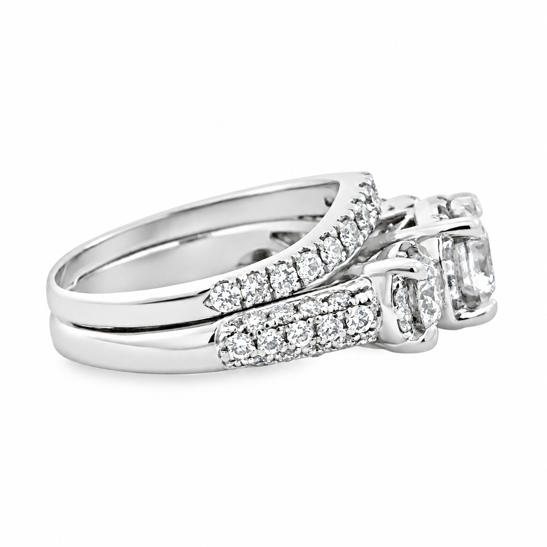 Estate 14K White Gold 2.90CTW Three-Stone Diamond Halo Engagement Ring Set