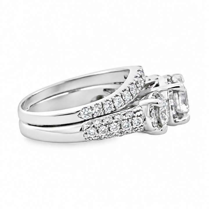 Estate 14K White Gold 2.90CTW Three-Stone Diamond Halo Engagement Ring Set