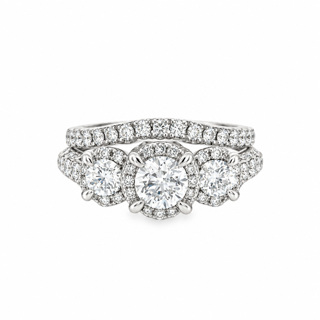 Estate 14K White Gold 2.90CTW Three-Stone Diamond Halo Engagement Ring Set