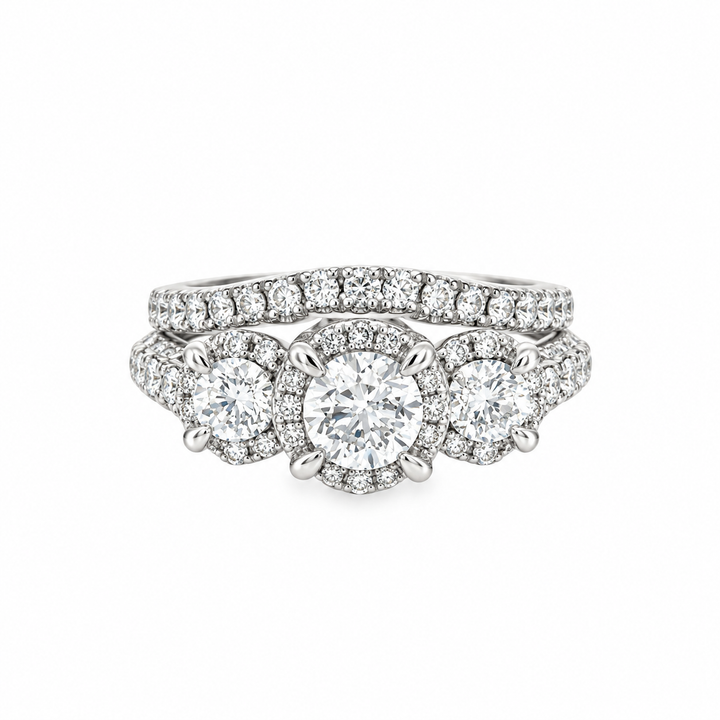 Estate 14K White Gold 2.90CTW Three-Stone Diamond Halo Engagement Ring Set