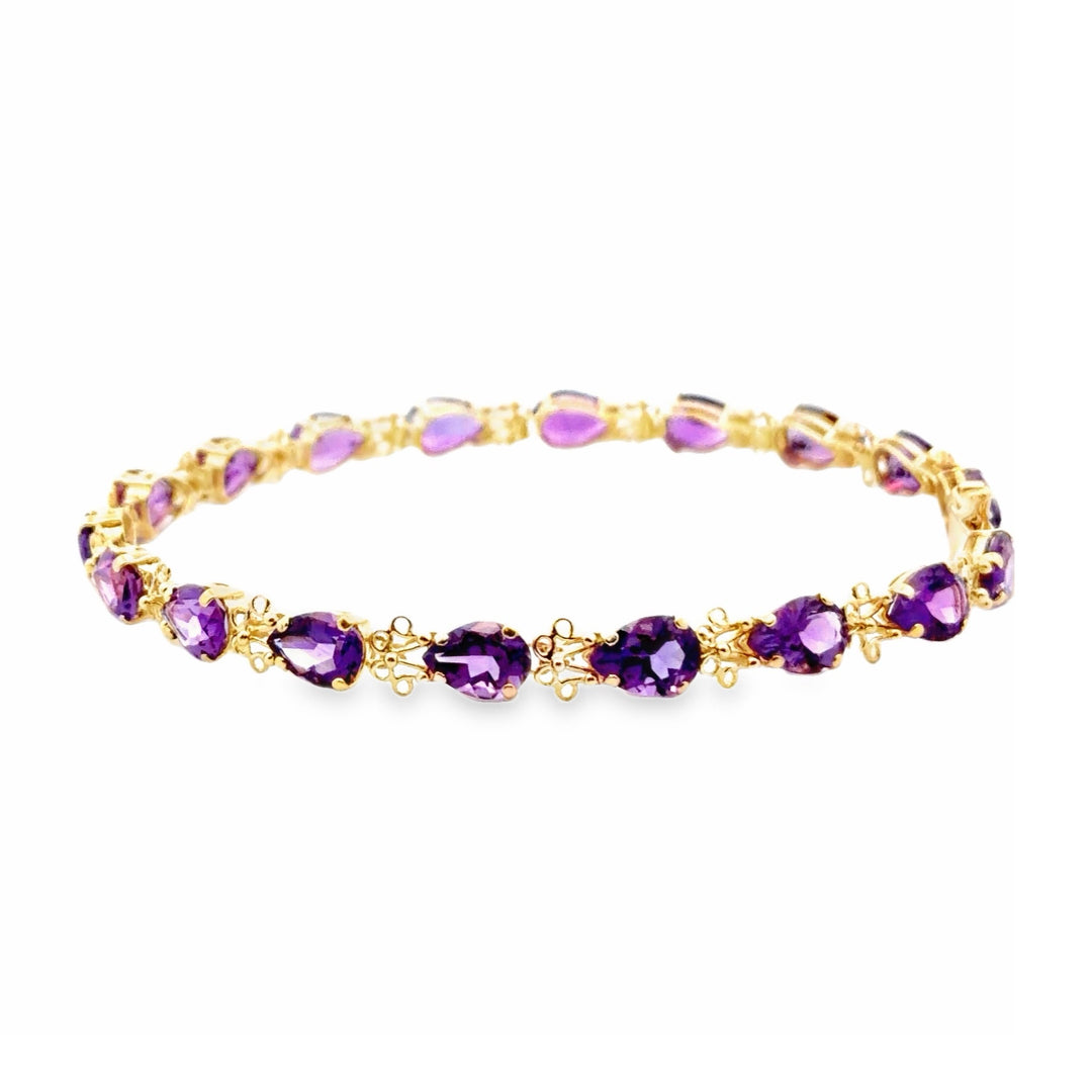 Estate 14K Yellow Gold 11.34CTW Pear Amethyst Link Bracelet