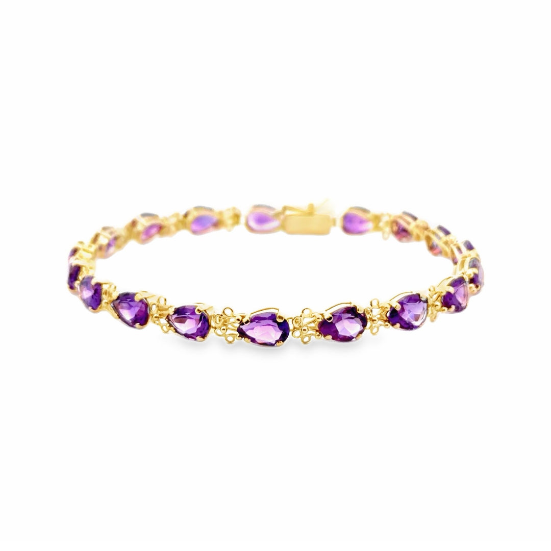 Estate 14K Yellow Gold 11.34CTW Pear Amethyst Link Bracelet