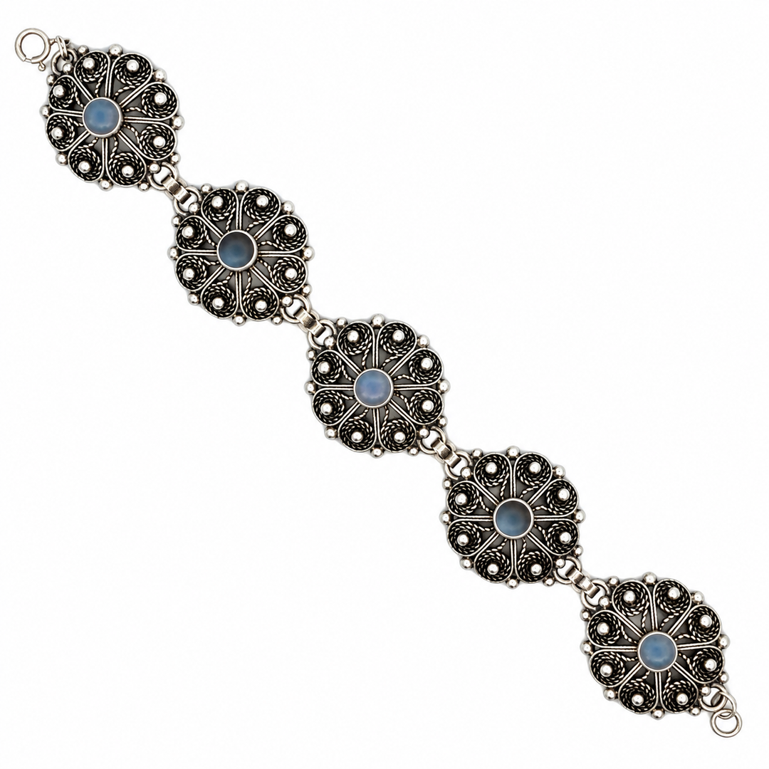 Estate Sterling Silver Moonstone Filigree Vintage Link Bracelet