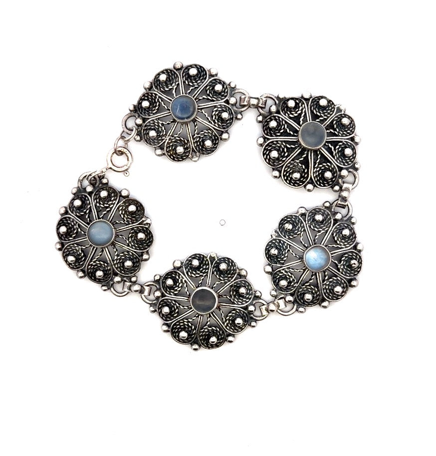 Estate Sterling Silver Moonstone Filigree Vintage Link Bracelet