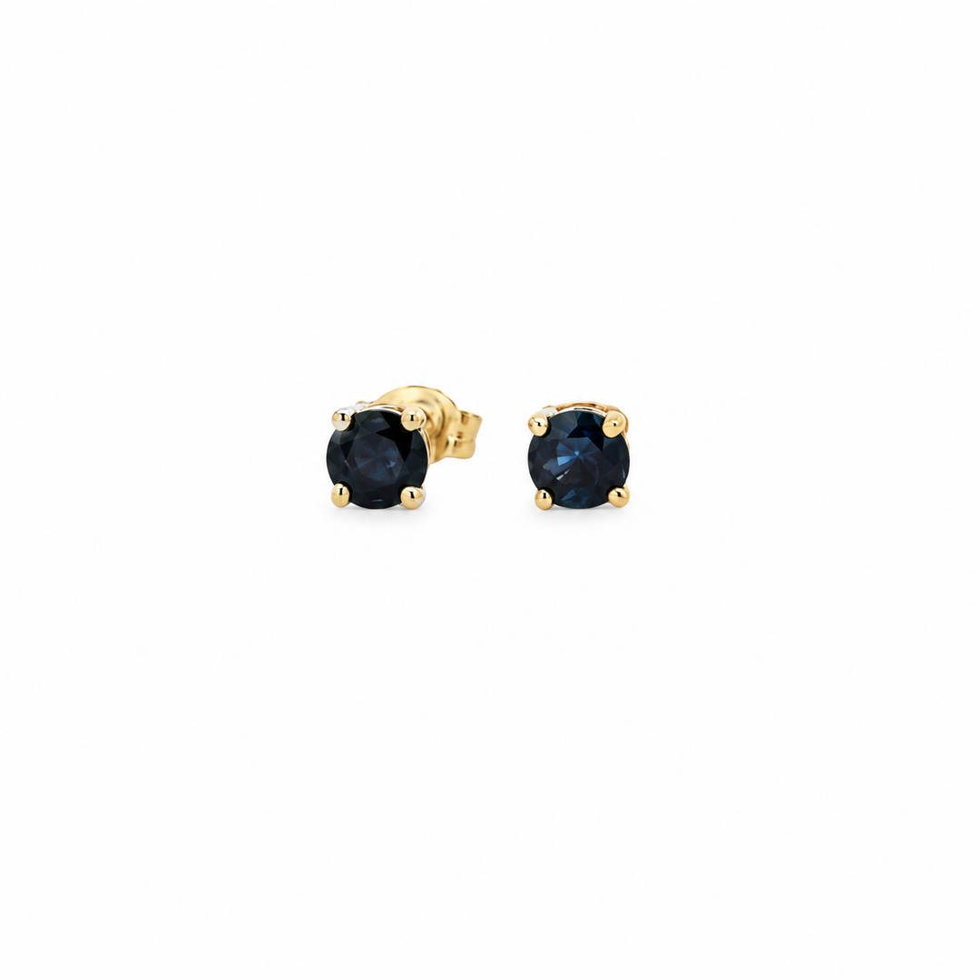 Estate 14K Yellow Gold 1CTW Round Blue Sapphire Solitaire Stud Earrings