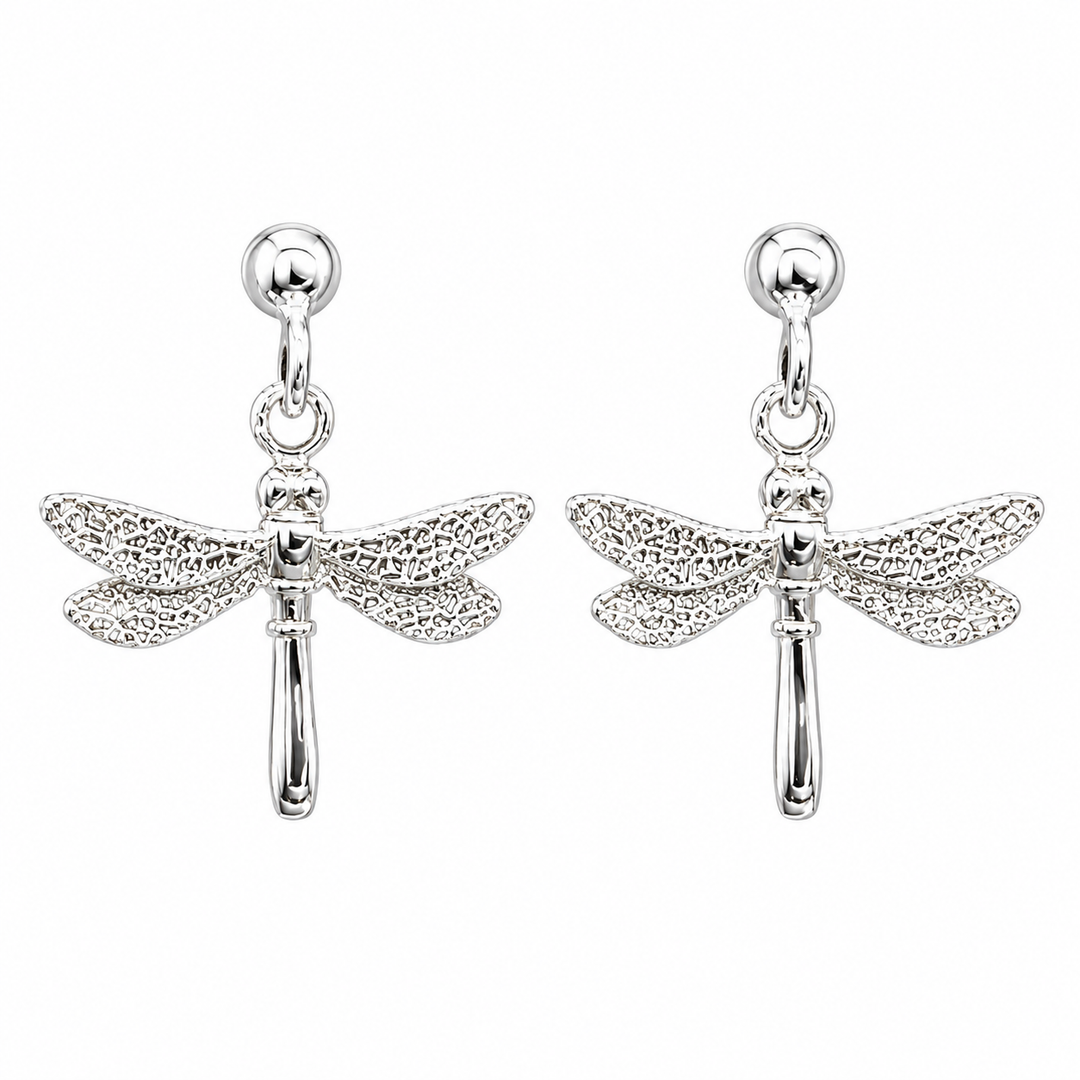 Sterling Silver Dragonfly Dangle Ball Stud Earrings