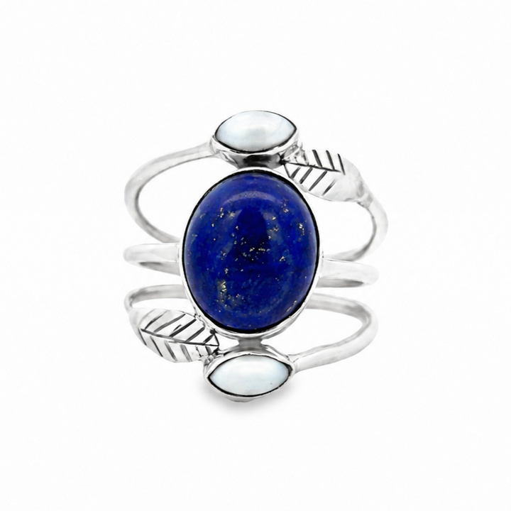 Estate Sterling Silver Oval Lapis Lazuli & Pearl Nature Motif Open Ring