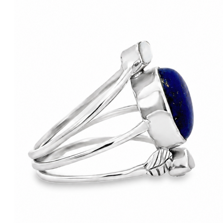 Estate Sterling Silver Oval Lapis Lazuli & Pearl Nature Motif Open Ring