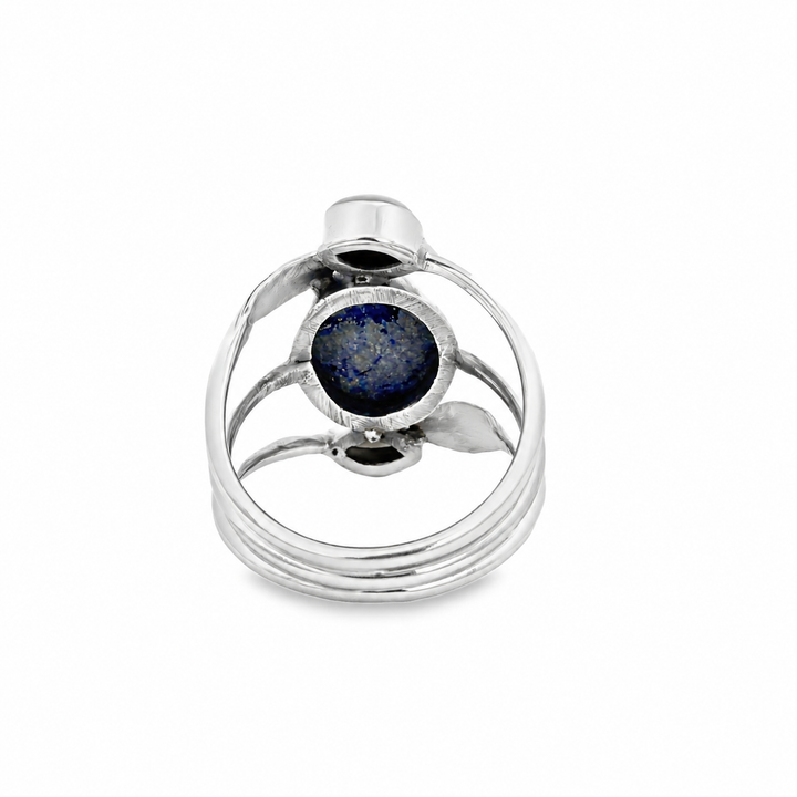 Estate Sterling Silver Oval Lapis Lazuli & Pearl Nature Motif Open Ring