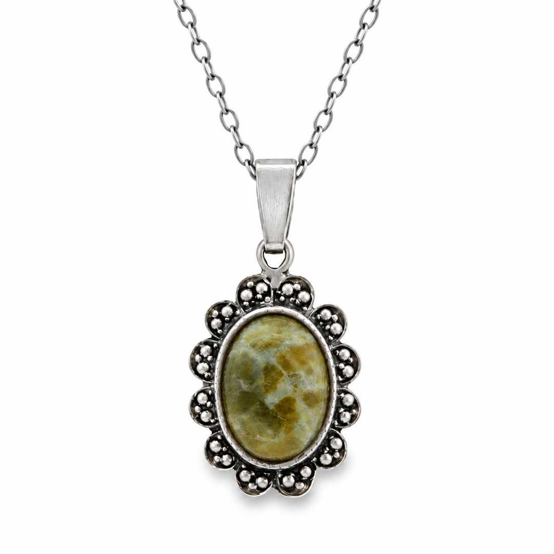 Estate Sterling Silver Oval Connemara Marble & Marcasite Halo Pendant Necklace