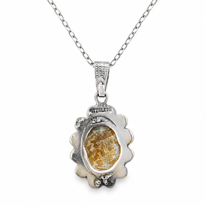 Estate Sterling Silver Oval Connemara Marble & Marcasite Halo Pendant Necklace